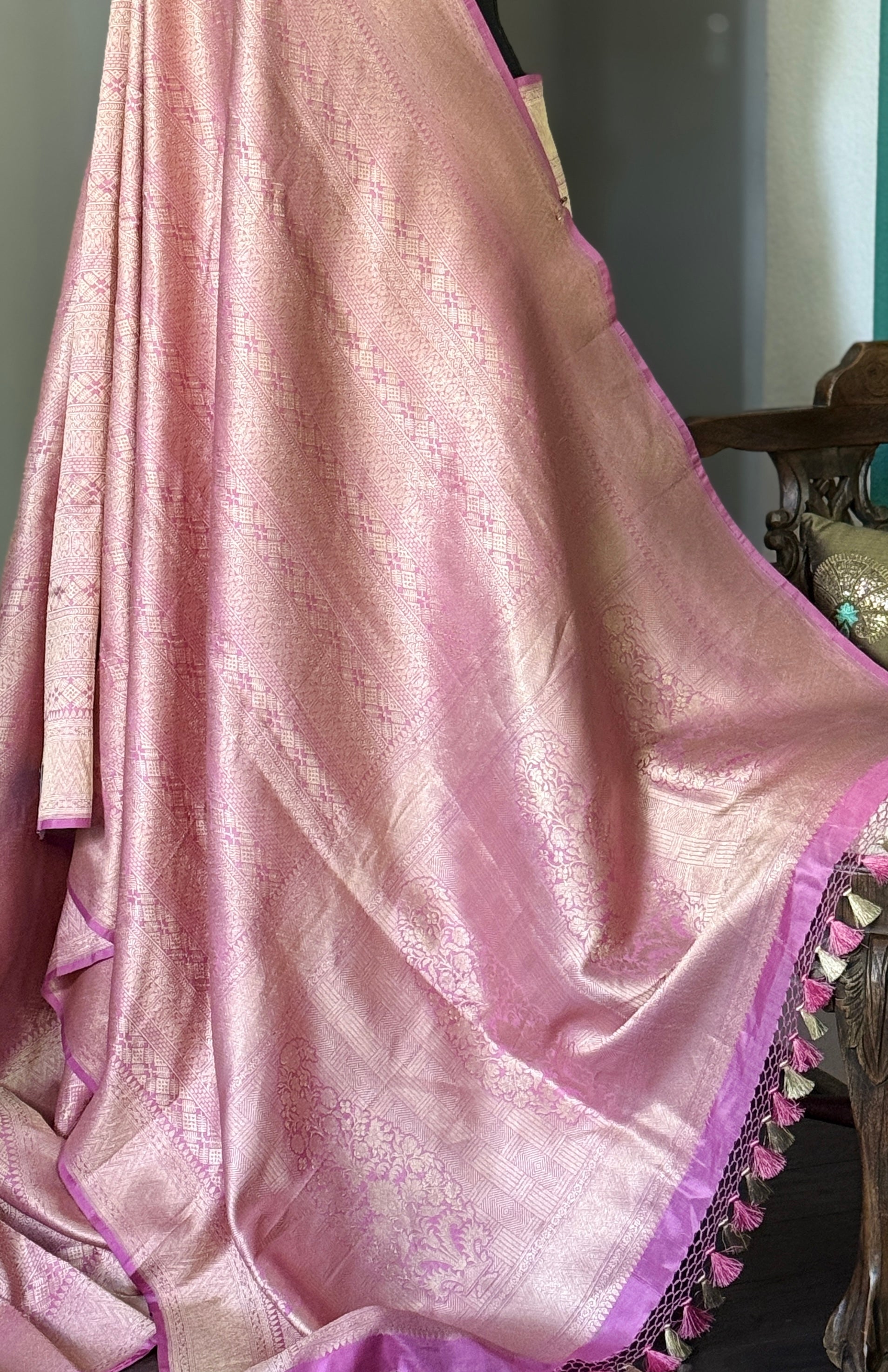 Pure Silk Brocade Banarasi- Light Onion Pink Golden Zari