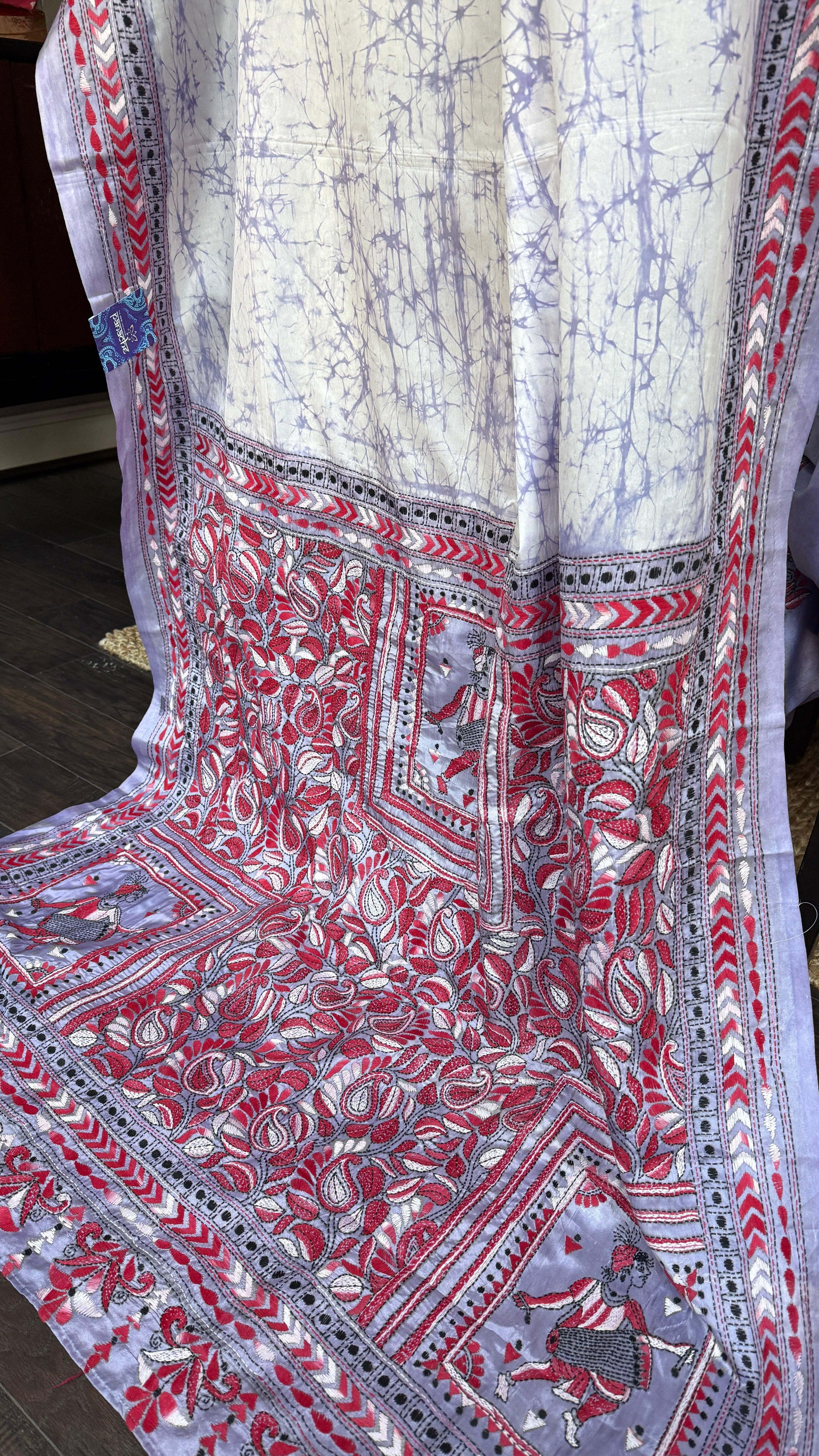 Bangalore Batik Kantha Silk -  White Violet Red Patli Pallu