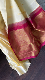 Pure Silk Borderless Kanjivaram - Butter Yellow Magenta Woven