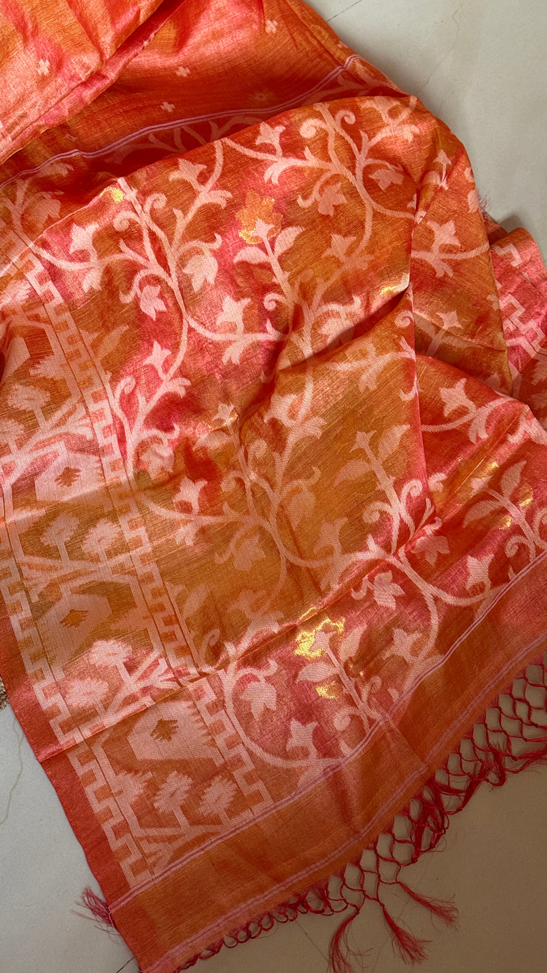 Pure Tussar Silk Jamdaani - Orange Pink Dual Shaded