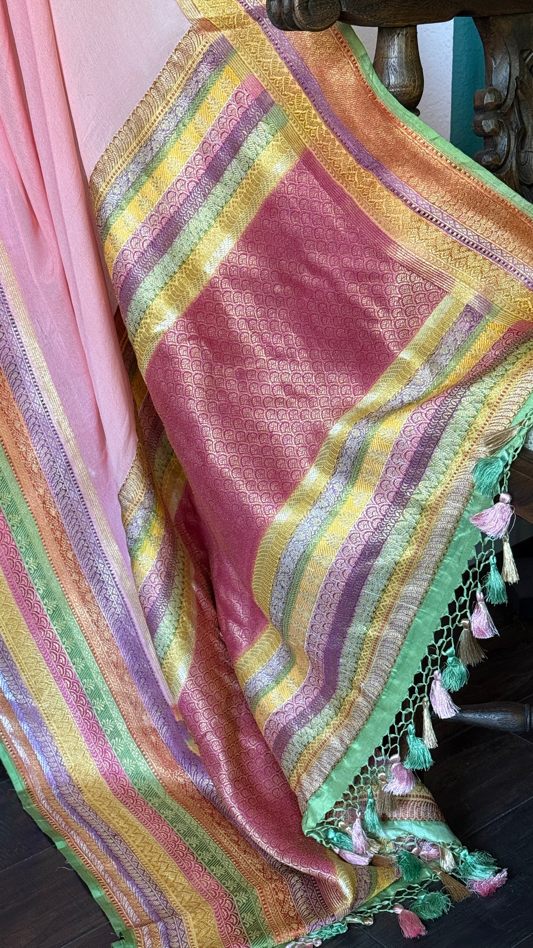 Khaddi Georgette Banarasi - Pink Multi color Hand Brushed