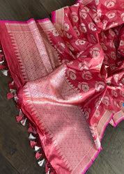 Tussar Silk Banarasi - Orange Pink Dual Shaded Antique Zari