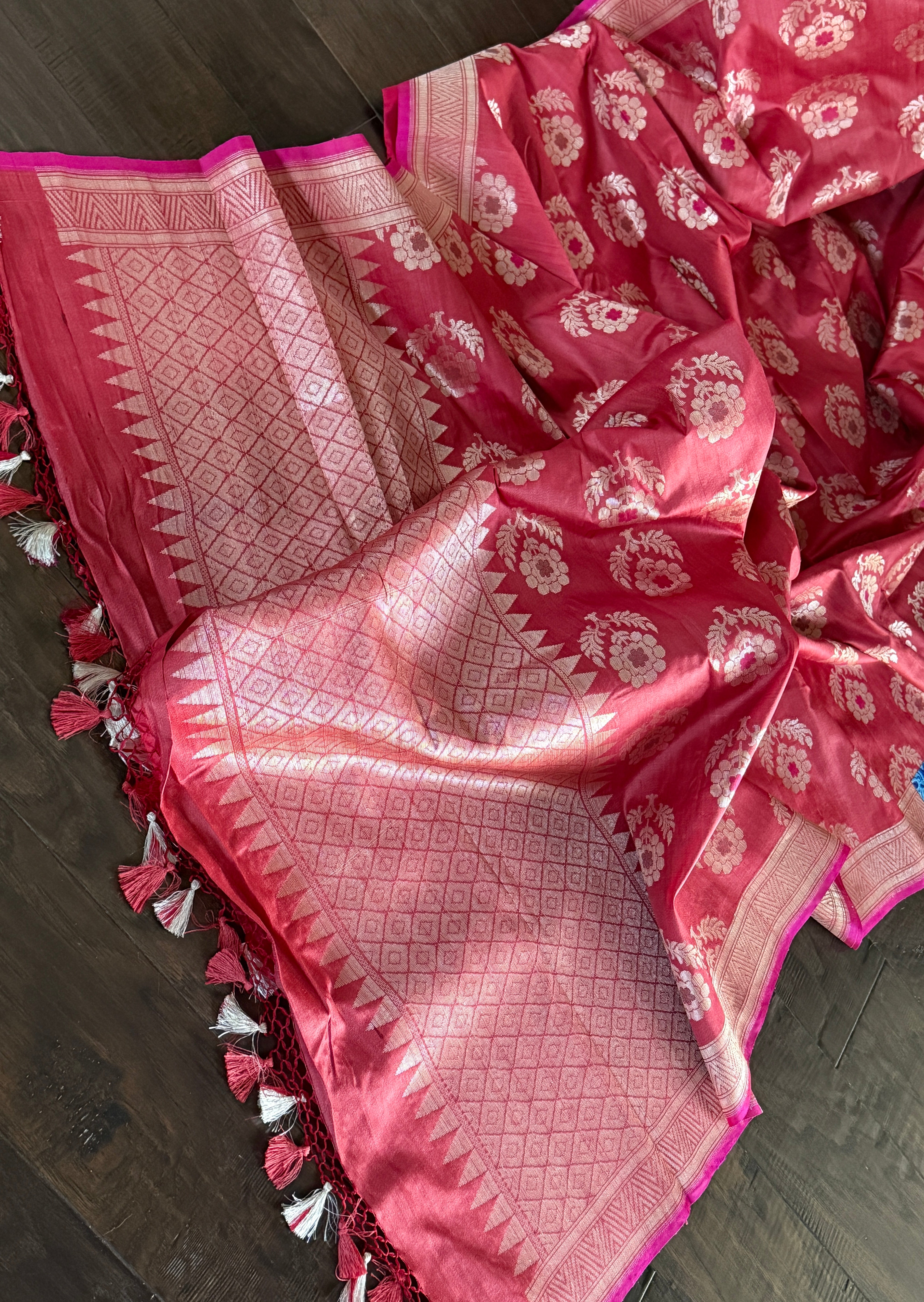 Tussar Silk Banarasi - Orange Pink Dual Shaded Antique Zari