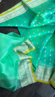 Pure Organza Silk Banarasi - Sea Green Yellow