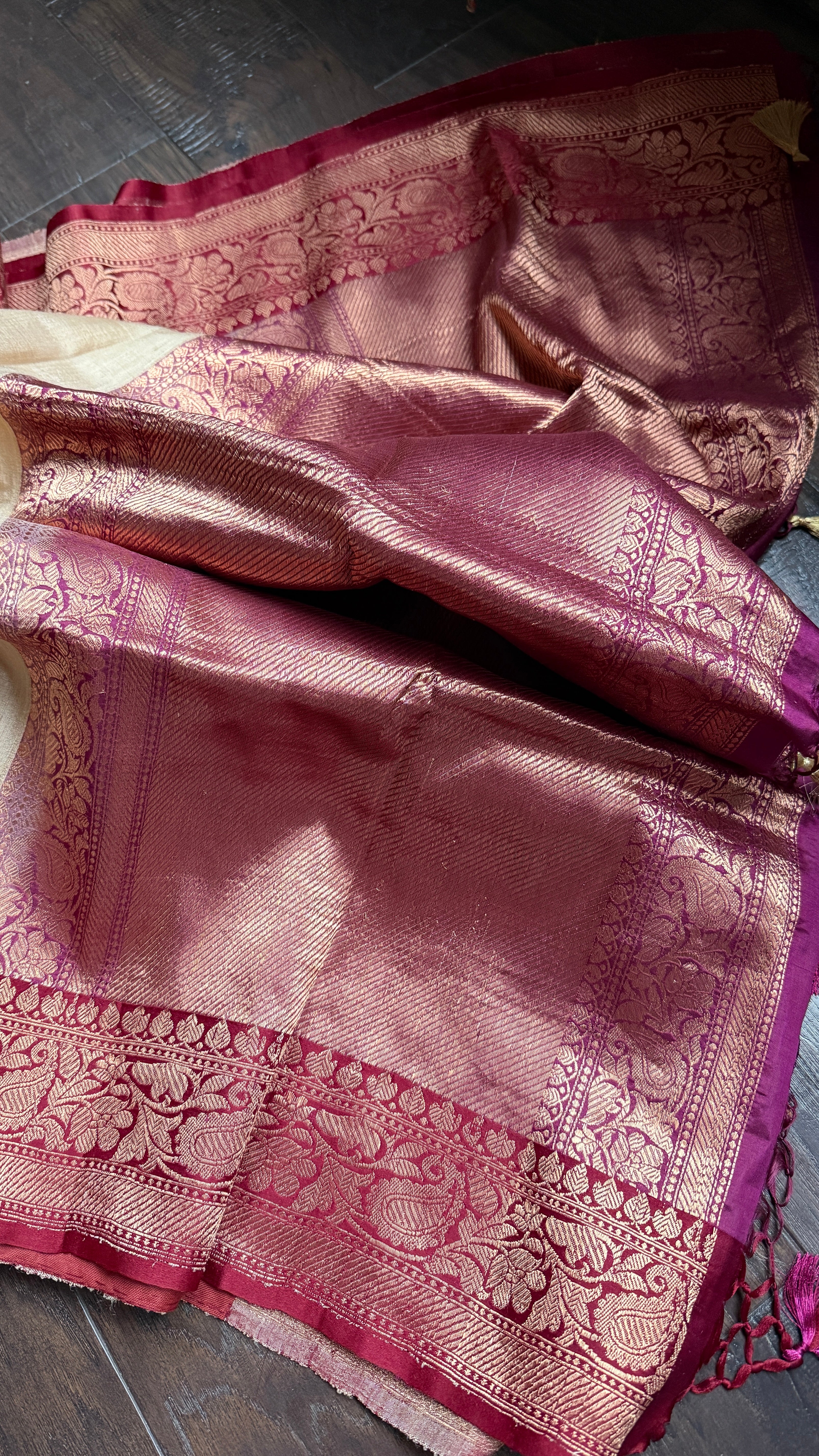 Pure Tussar Silk Banarasi - Beige Maroon