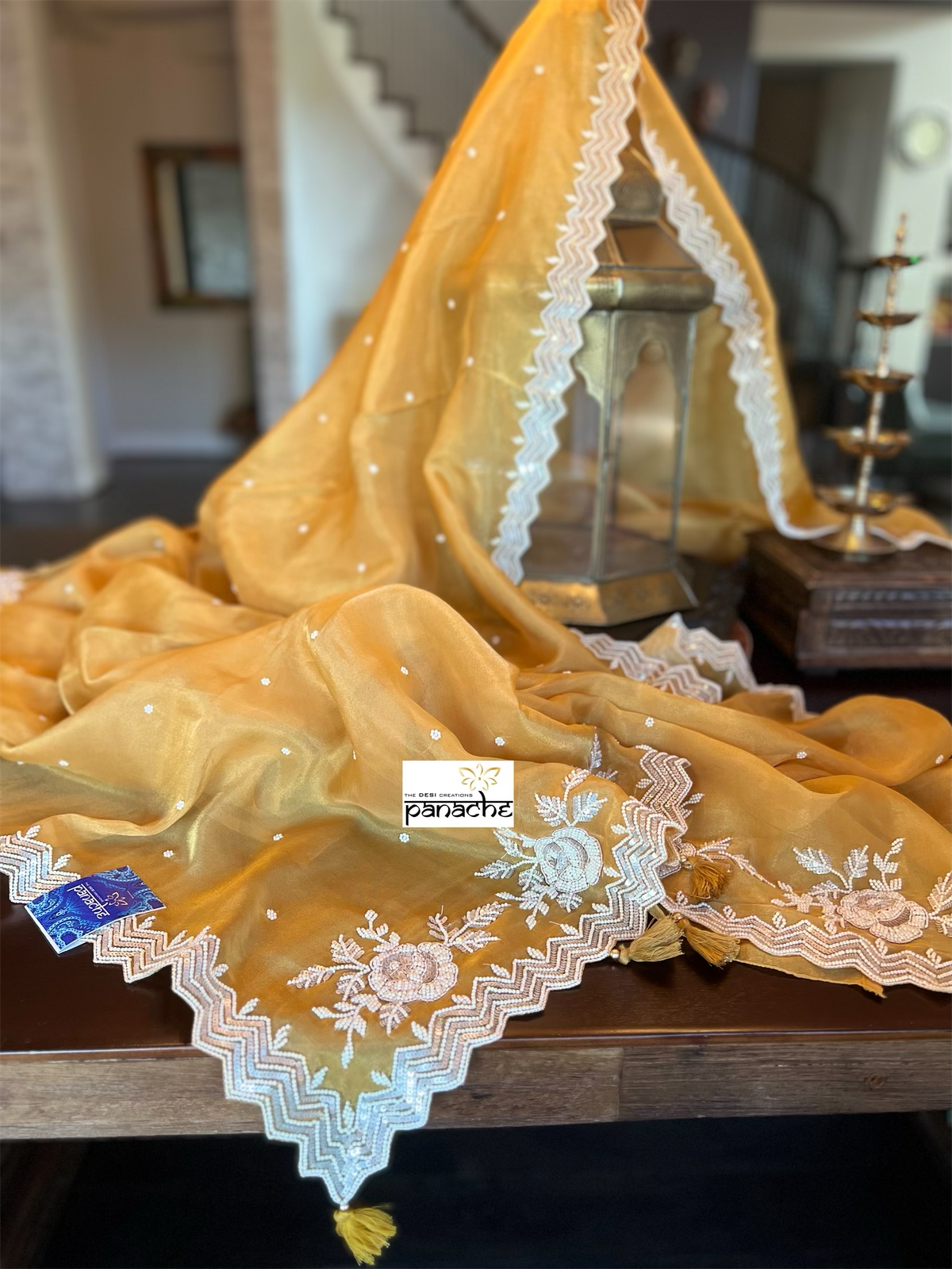 Designer Tissue Silk - Yellow Hand Embroidered