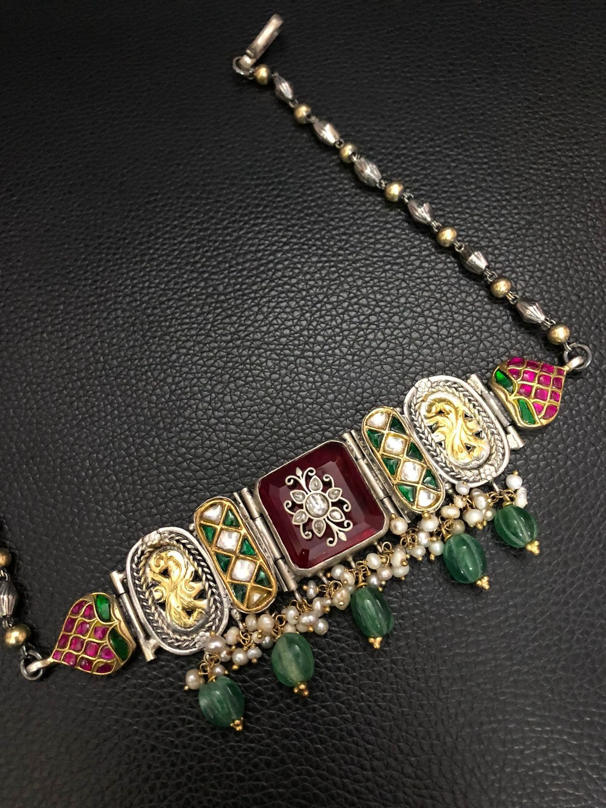 Silver 925 Jadau Choker - Red Pink Dual Tone