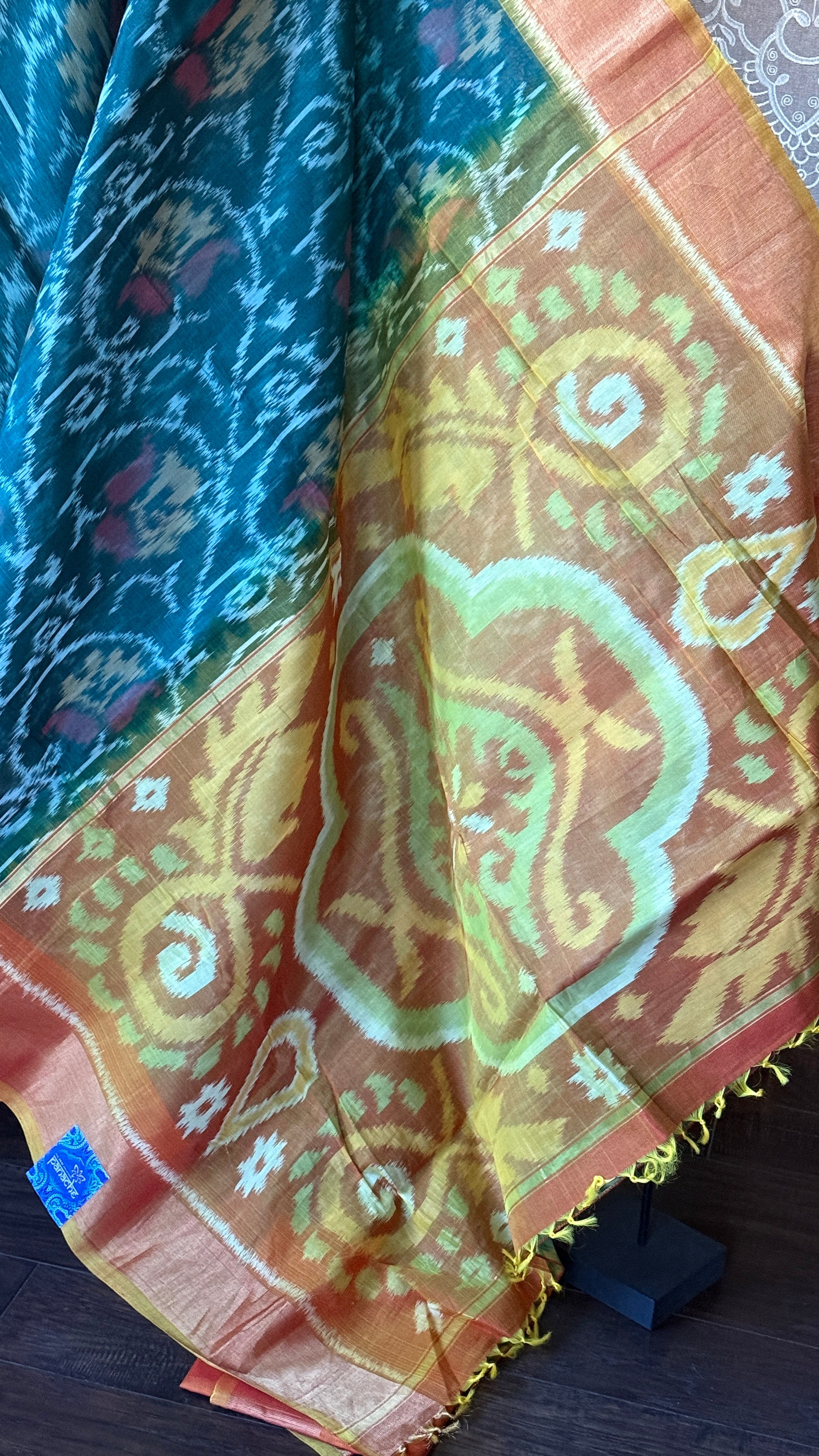 Pure Cotton Silk Ikat - Teal Green Orange