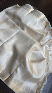 Pure Tussar Silk - Cream Beige Golden Zari Woven2