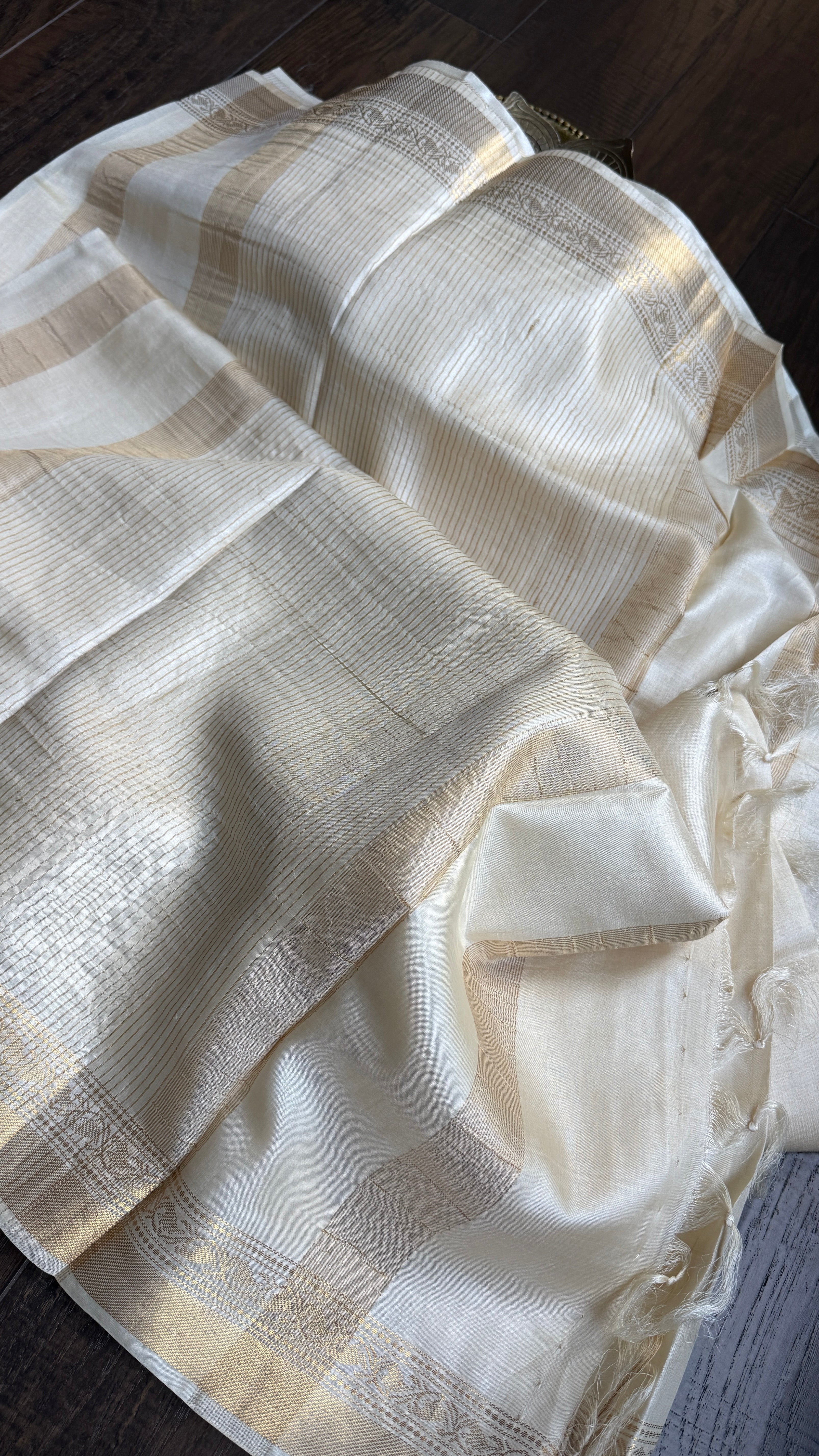 Pure Tussar Silk - Cream Beige Golden Zari Woven2