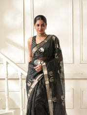 Pure Chanderi Pattu Silk - Black Silver Peacock