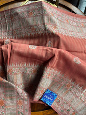 Tussar Silk Banarasi - Rust Orange Striped Antique Zari