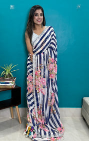 Designer Georgette Floral - Blue and white Hand Embroidered