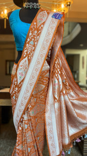 Khaddi Georgette Banarasi - Light Orange Hand Brush Painted