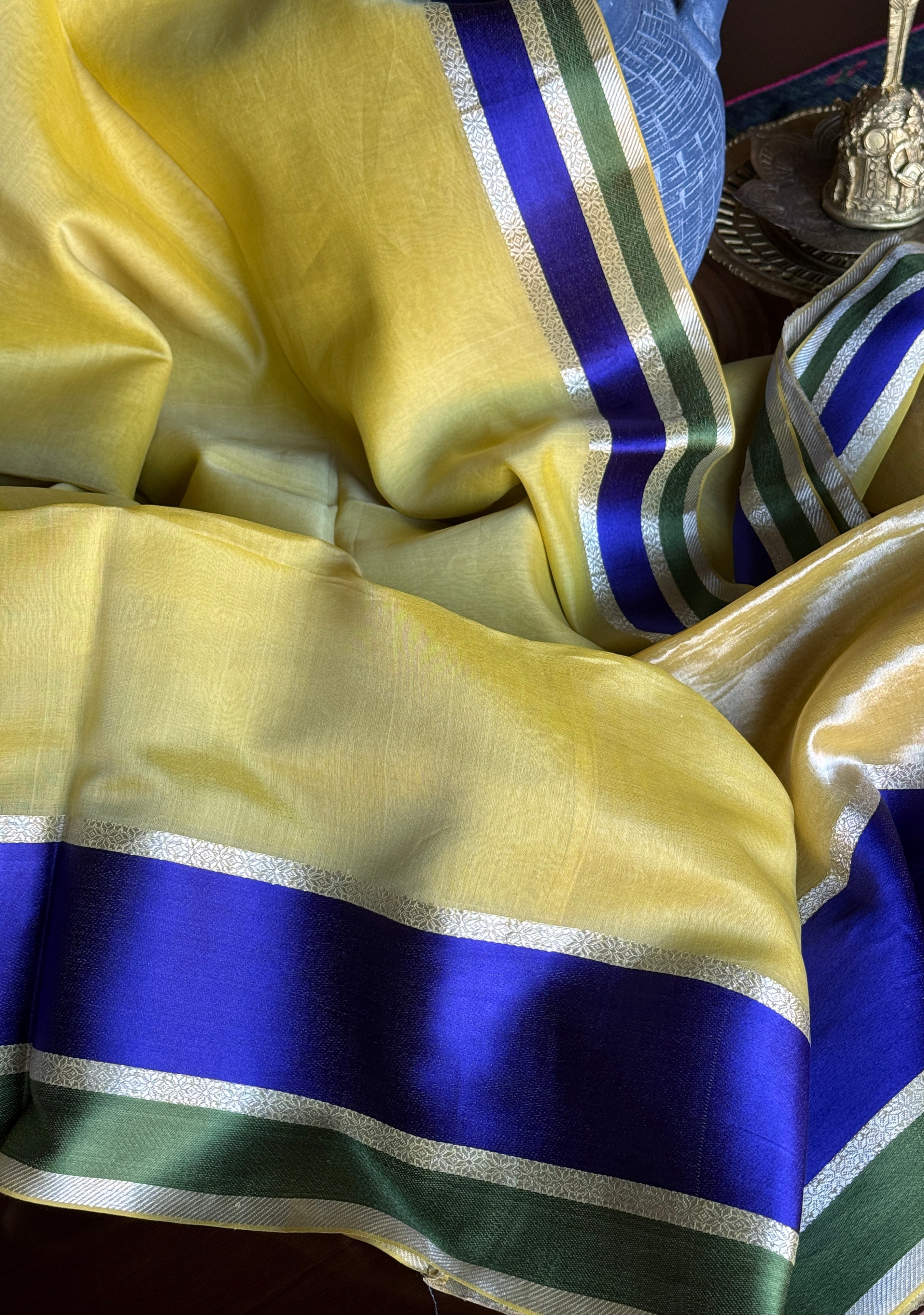 Maheshwari Tissue Silk Satin - Light Lemon Yellow Blue Green