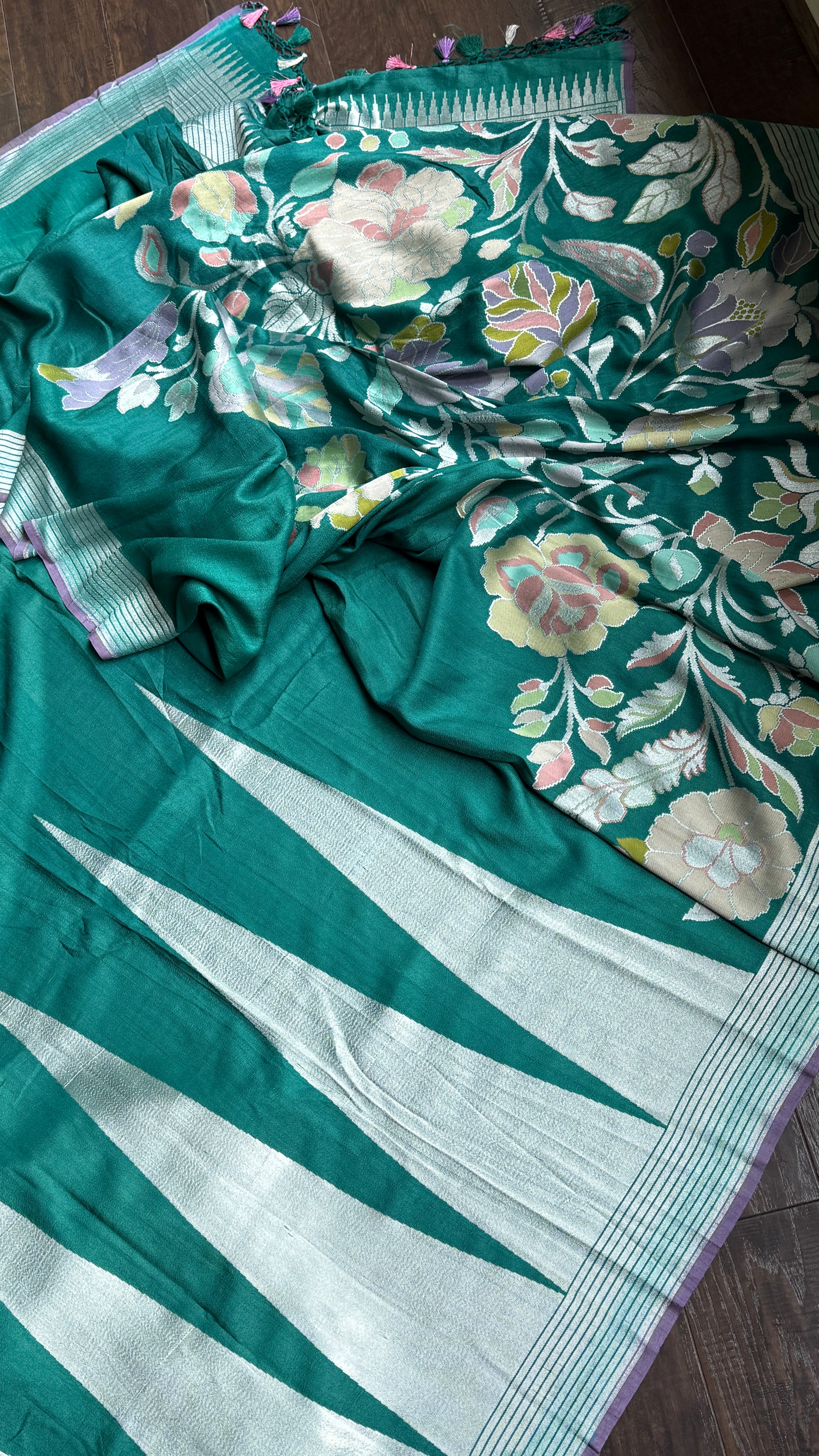 Khaddi Tussar Banarasi - Teal Blue Meenakari