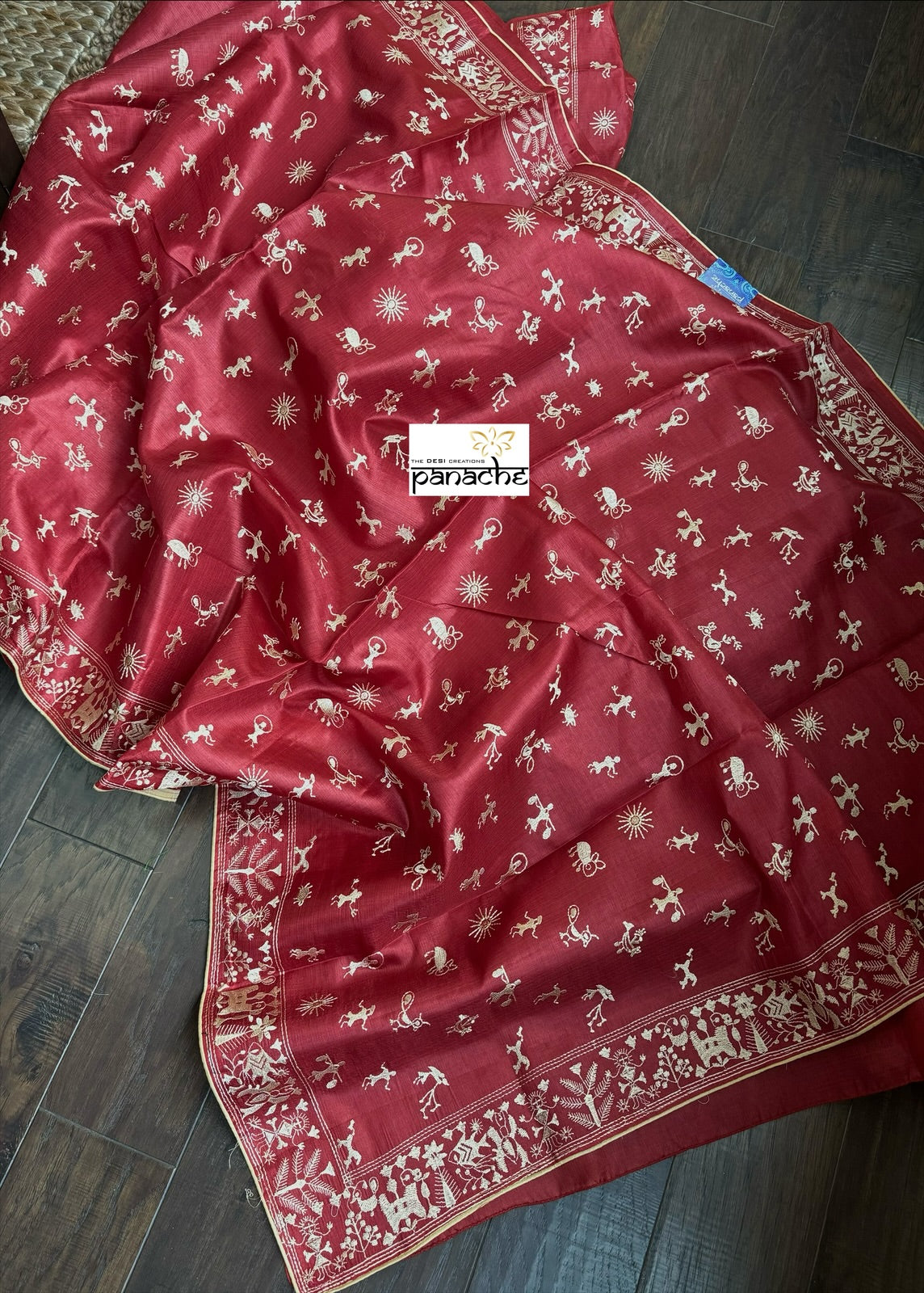 Tussar Silk - Red Worli Embroidered