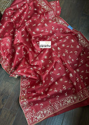 Tussar Silk - Red Worli Embroidered