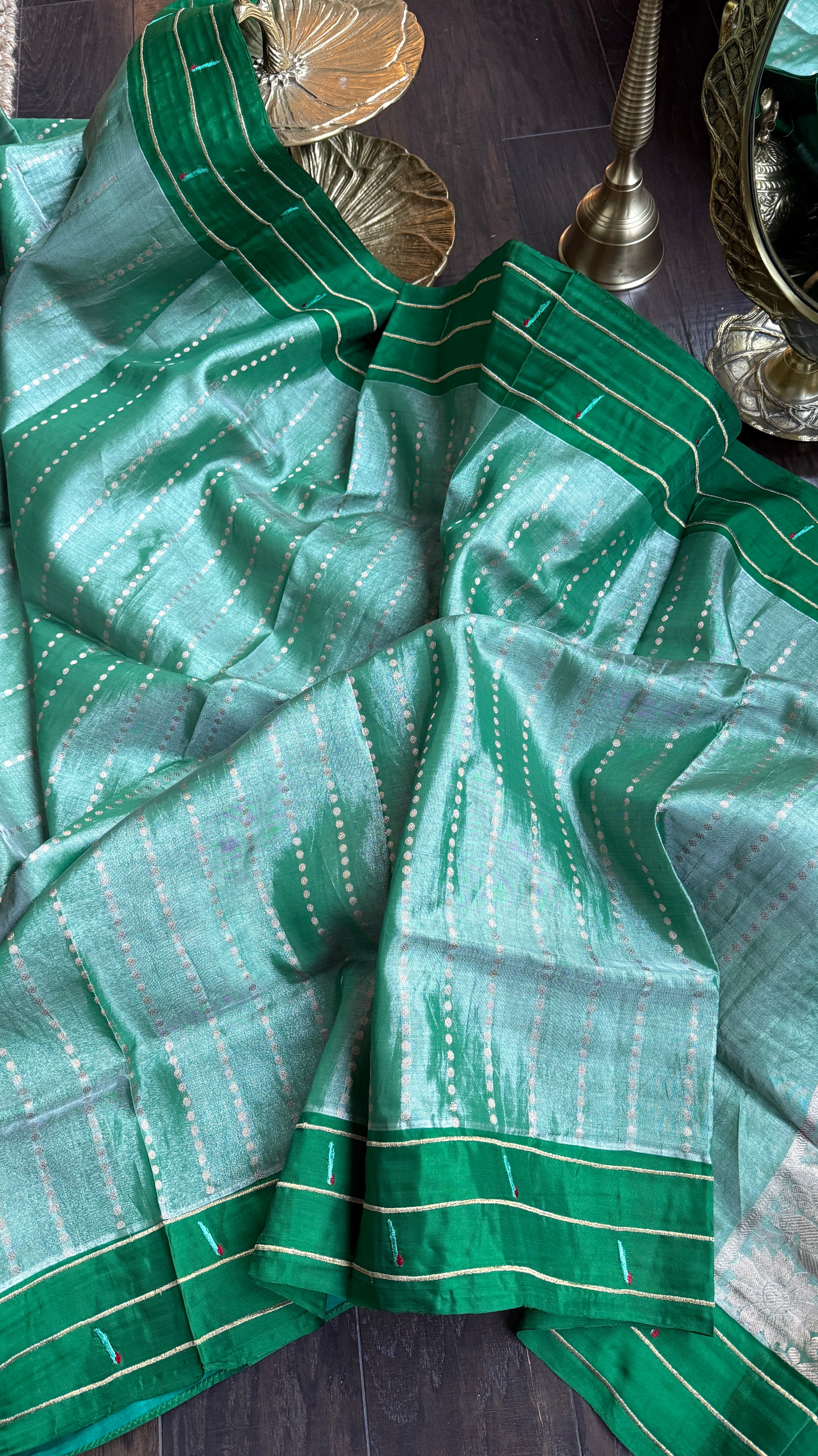 Pure Tissue Silk Paithani Double Munia - Green Woven