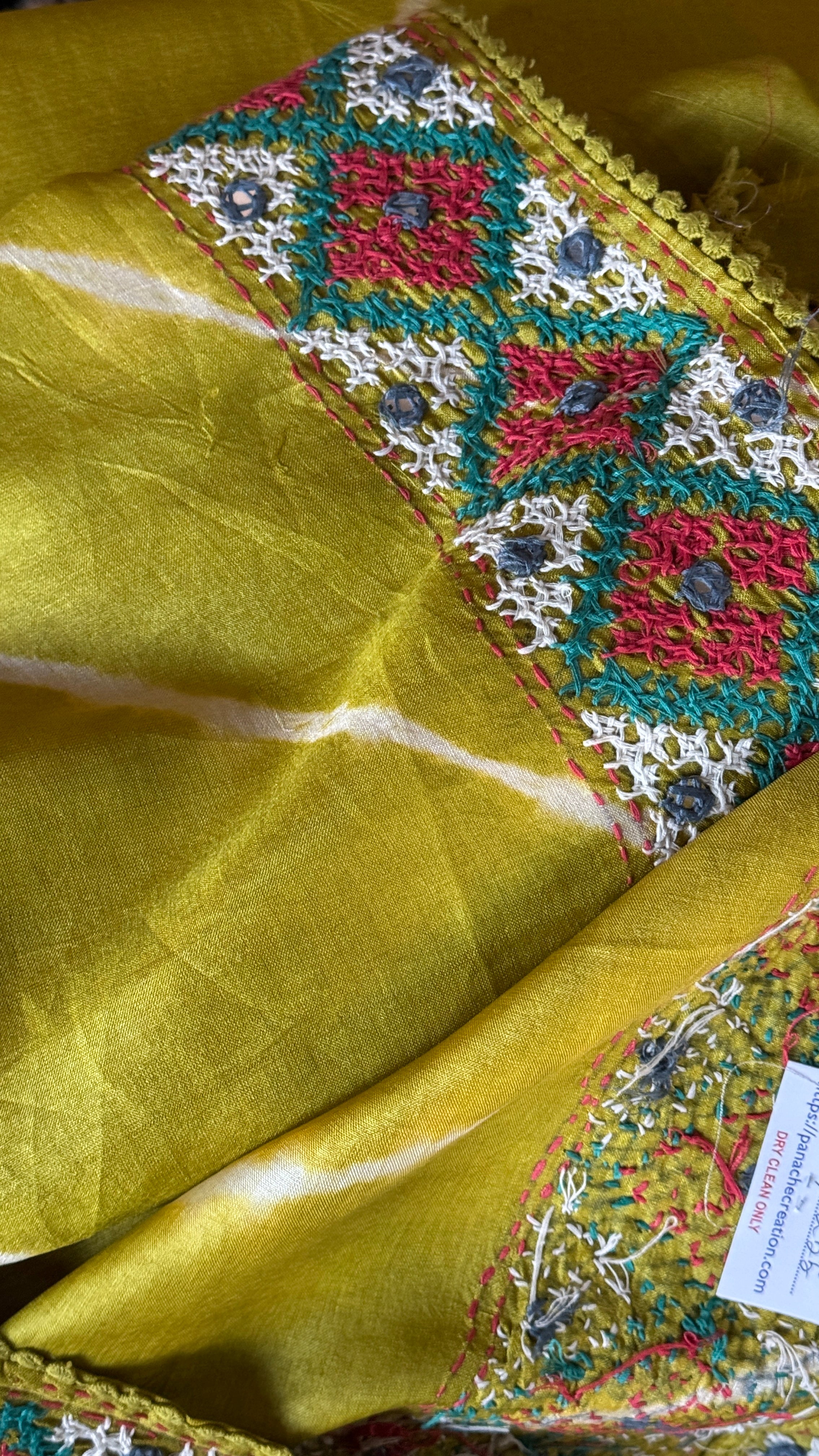 Pure Tussar Silk Gujrati Stitch -  Lime green Shibori Hand Embroidered