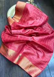 Tussar Silk Paithani Single Munia - Raspberry Red Handwoven