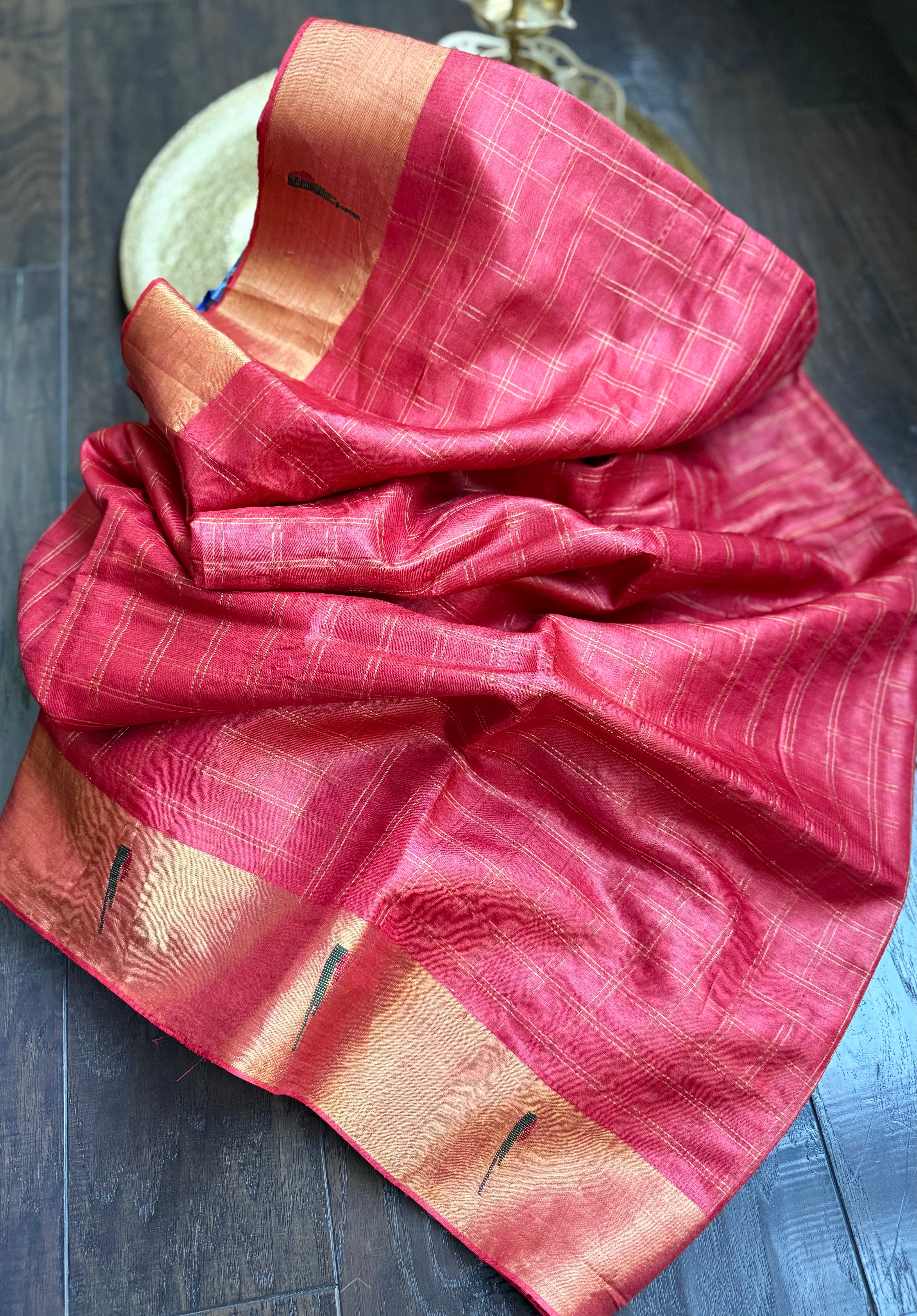 Tussar Silk Paithani Single Munia - Raspberry Red Handwoven