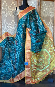 Pure Cotton Silk Ikat - Teal Green Orange