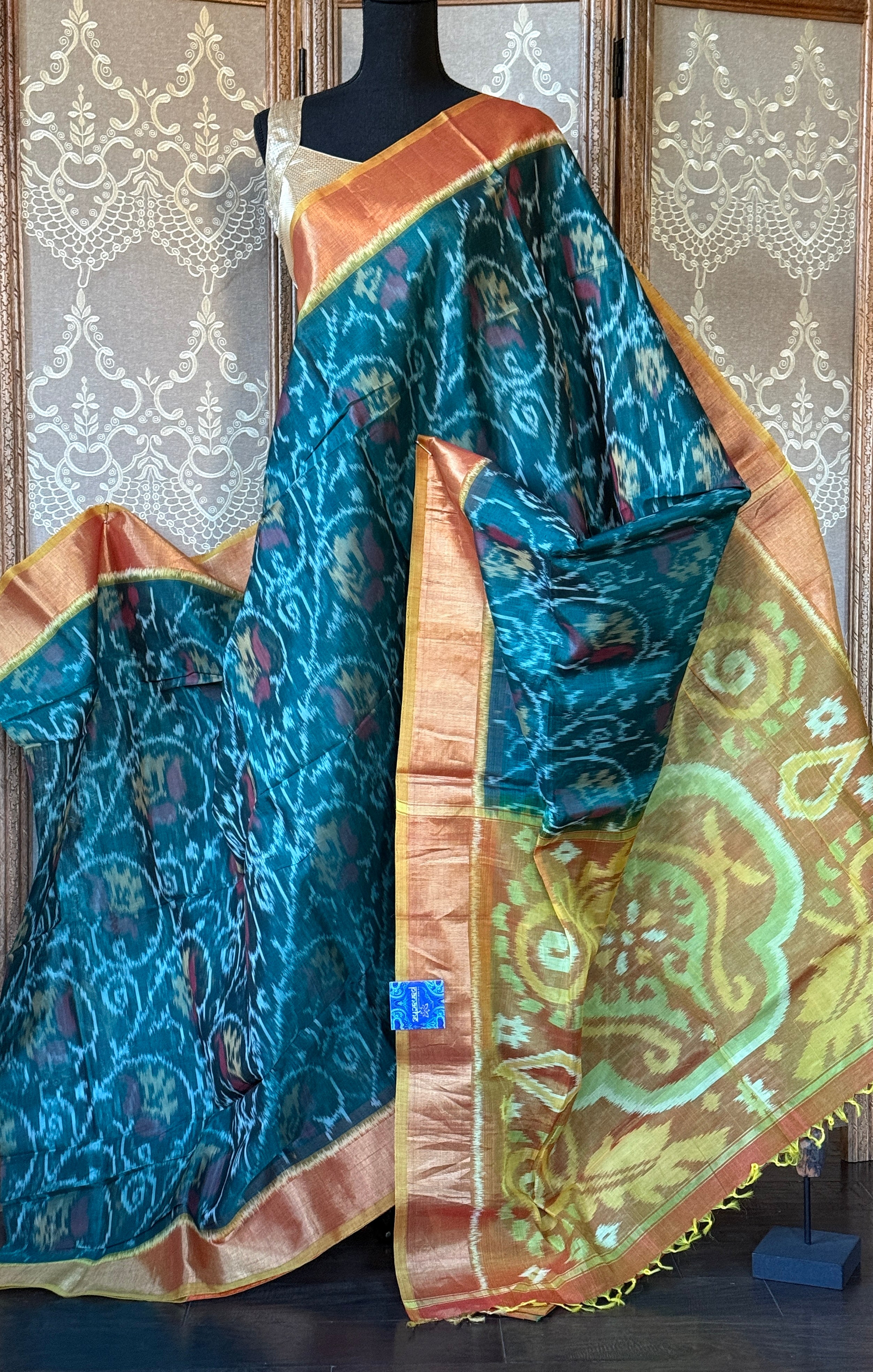 Pure Cotton Silk Ikat - Teal Green Orange