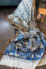 Chinori Silk Kalamkari  - Dusty White Blue