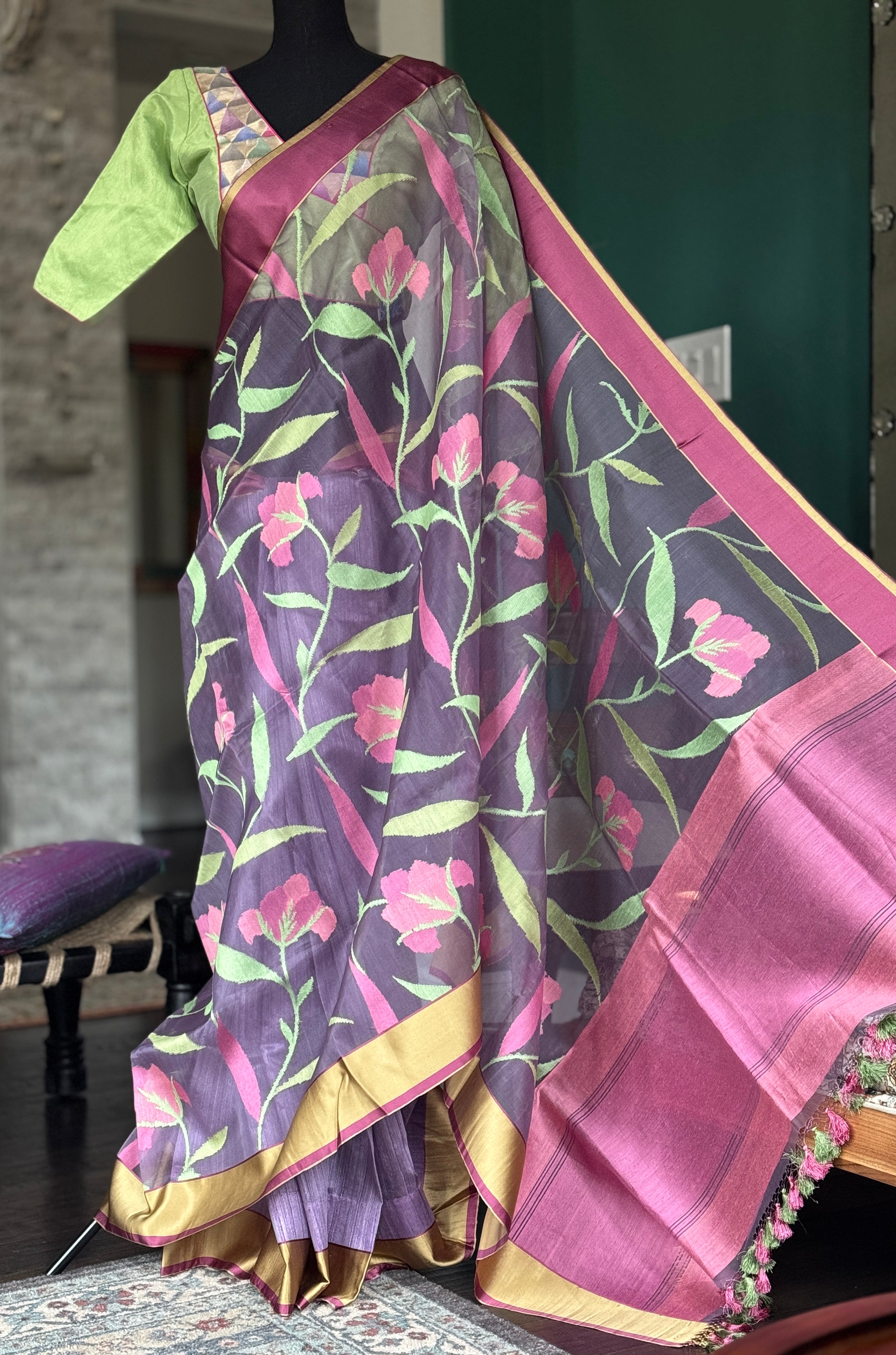 Pure Organza by Tussar Silk Banarasi - Lilac Resham Jamdani woven