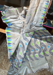 Pure Tussar Silk Jamdaani - Grey Multi Color