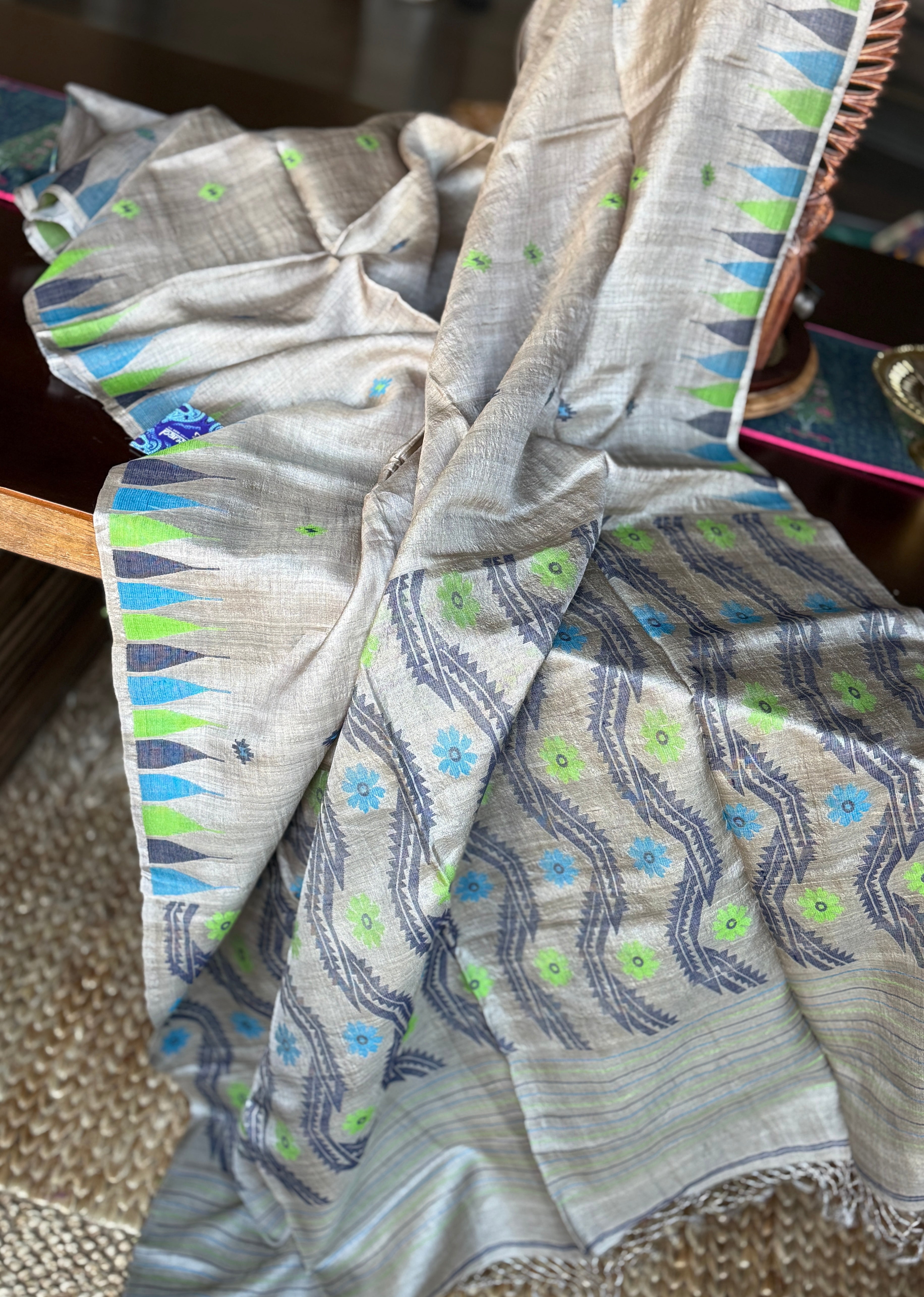 Pure Tussar Silk Jamdaani - Grey Multi Color