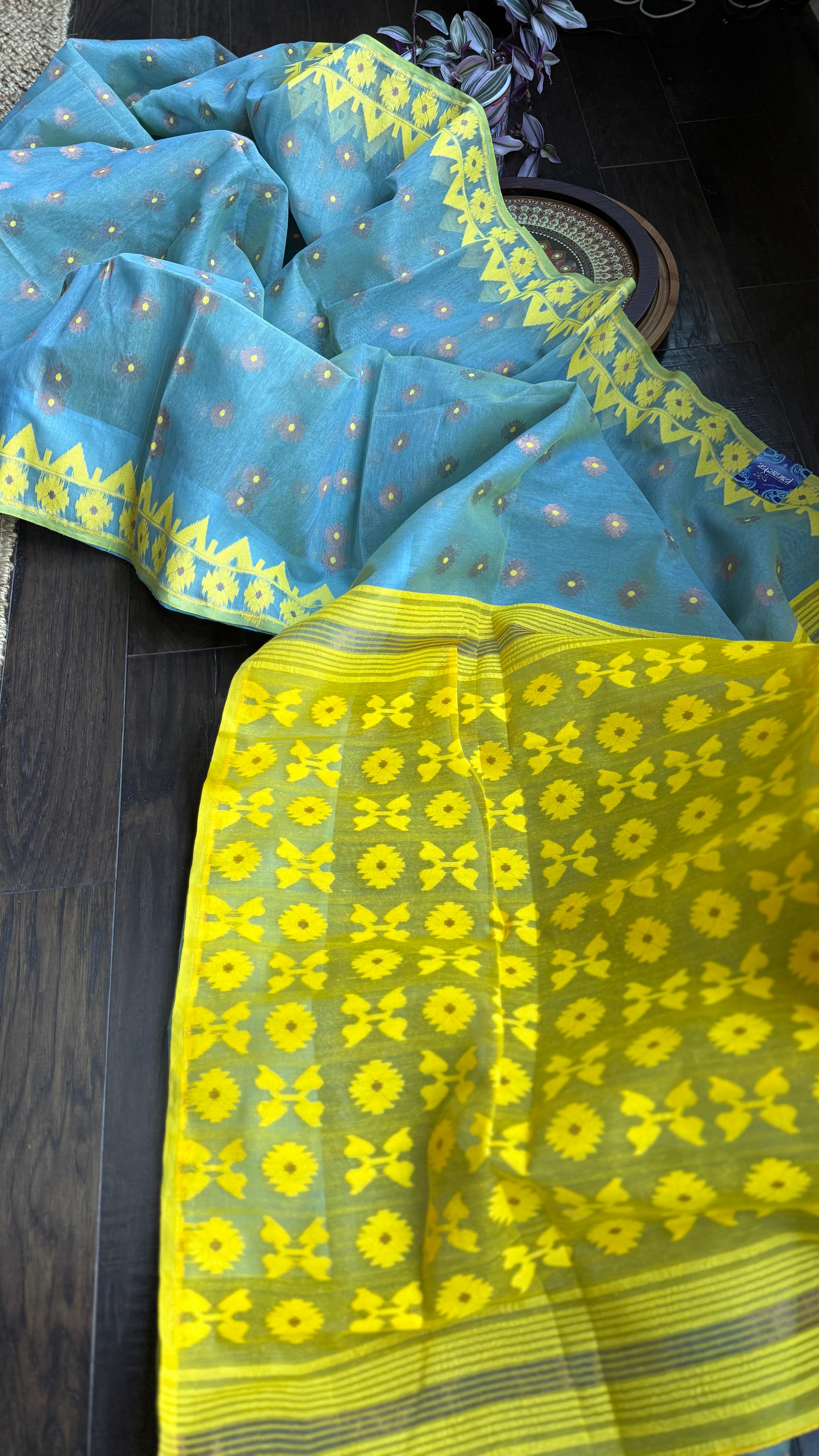 Dhakai Jamdani  - Light Blue Yellow Copper Zari  Woven