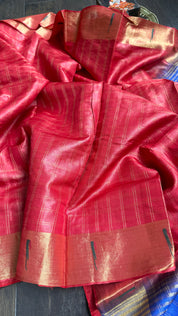 Tussar Silk Paithani Single Munia - Raspberry Red Handwoven