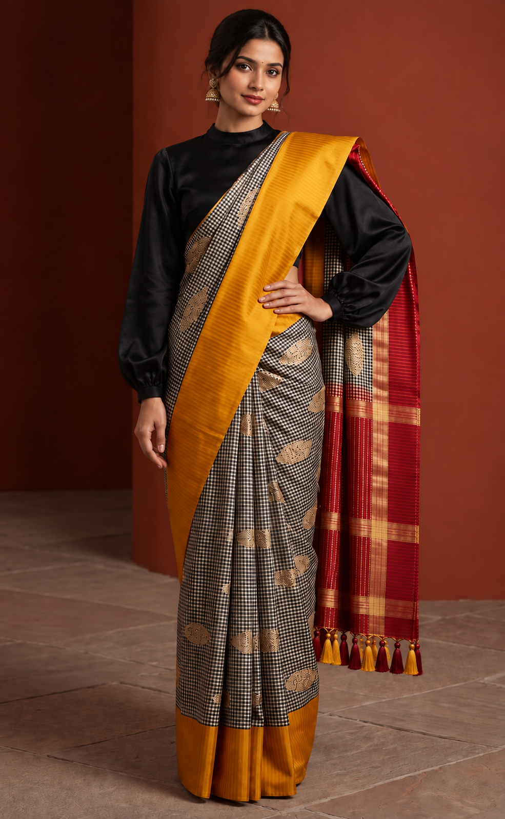 Katan Silk Banarasi -  Black Red Yellow Checkered Kadwa