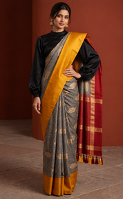 Katan Silk Banarasi -  Black Red Yellow Checkered Kadwa