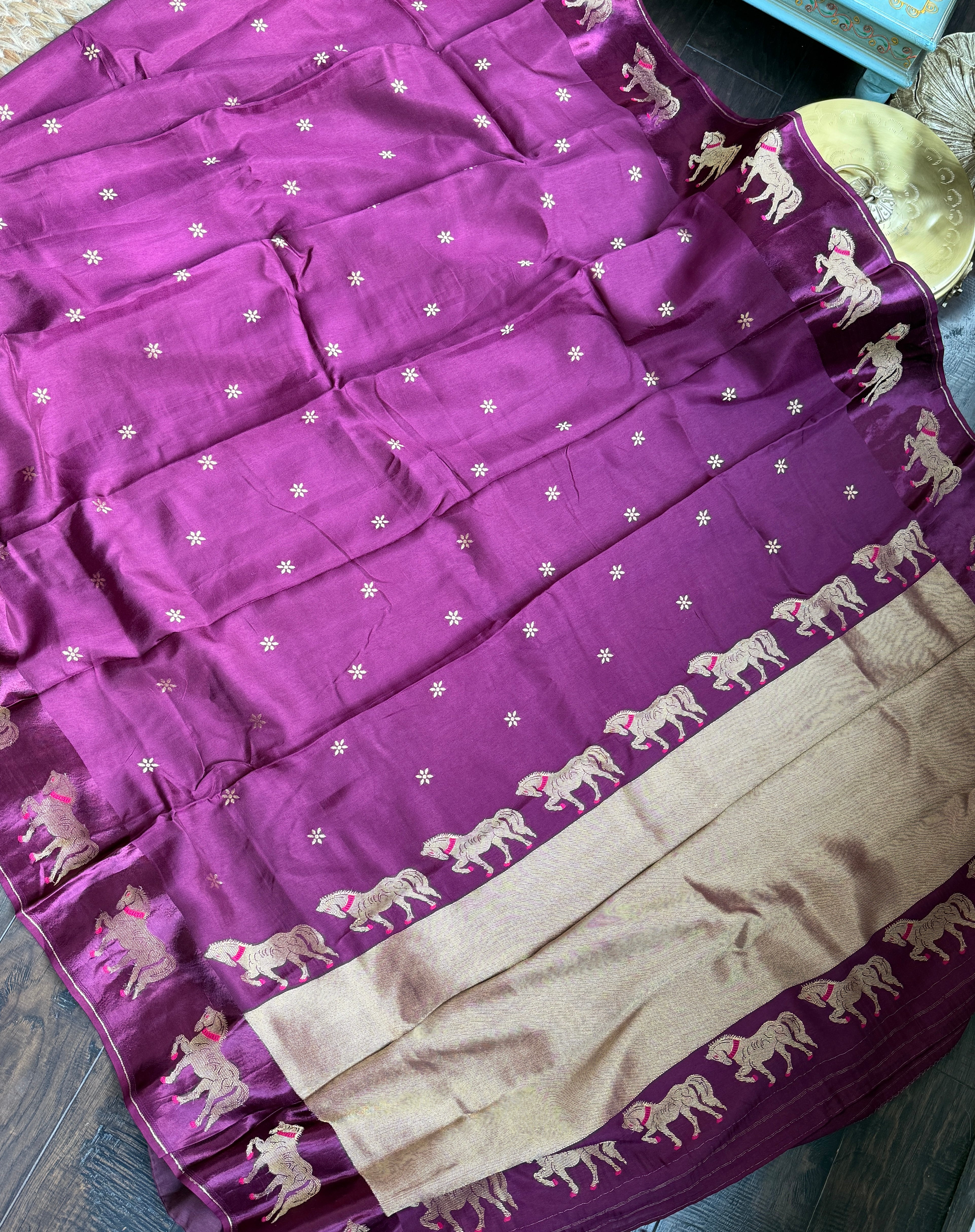 Designer Satin Silk - Purple Horse Woven