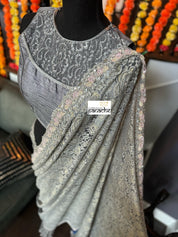 Designer Chantily Lace Saree - Grey Hand Embroidered