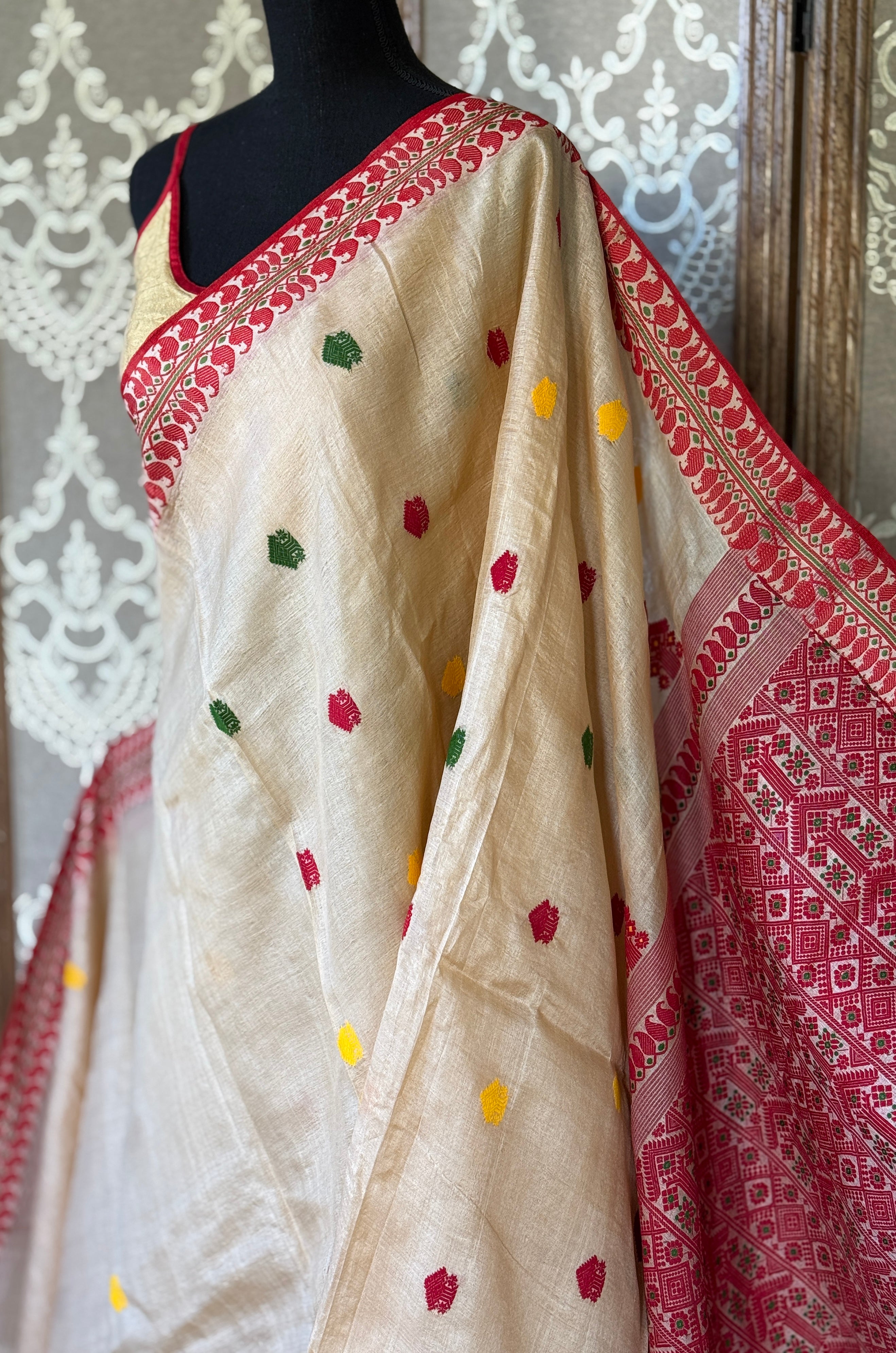 Pure Gachi Tussar Silk - Beige Red