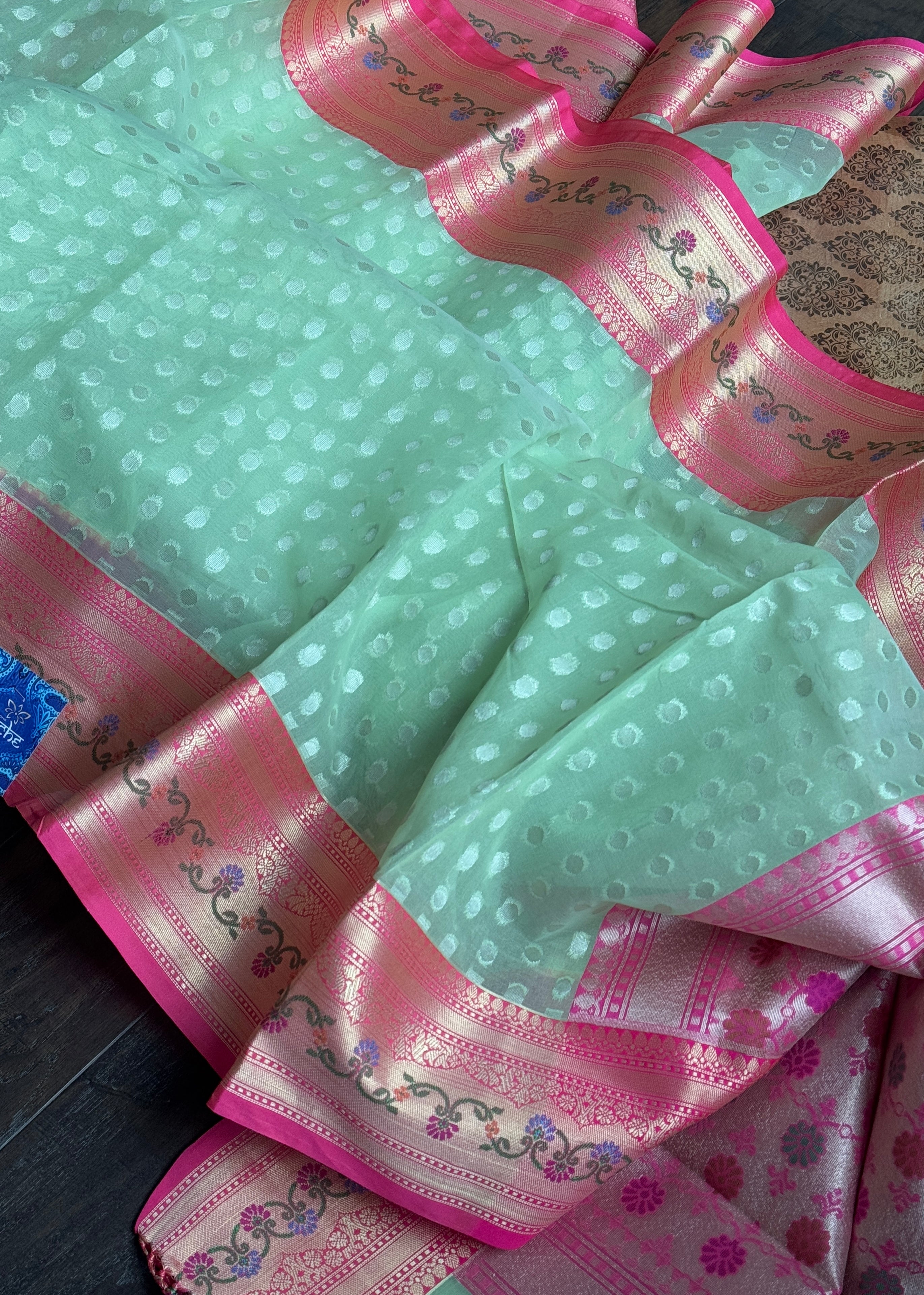 Kora Silk Banaras Chanderi - Pista  Green Paithani