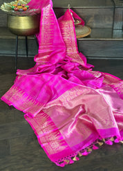 Pure Katan Silk Banarasi - Pink Checkered