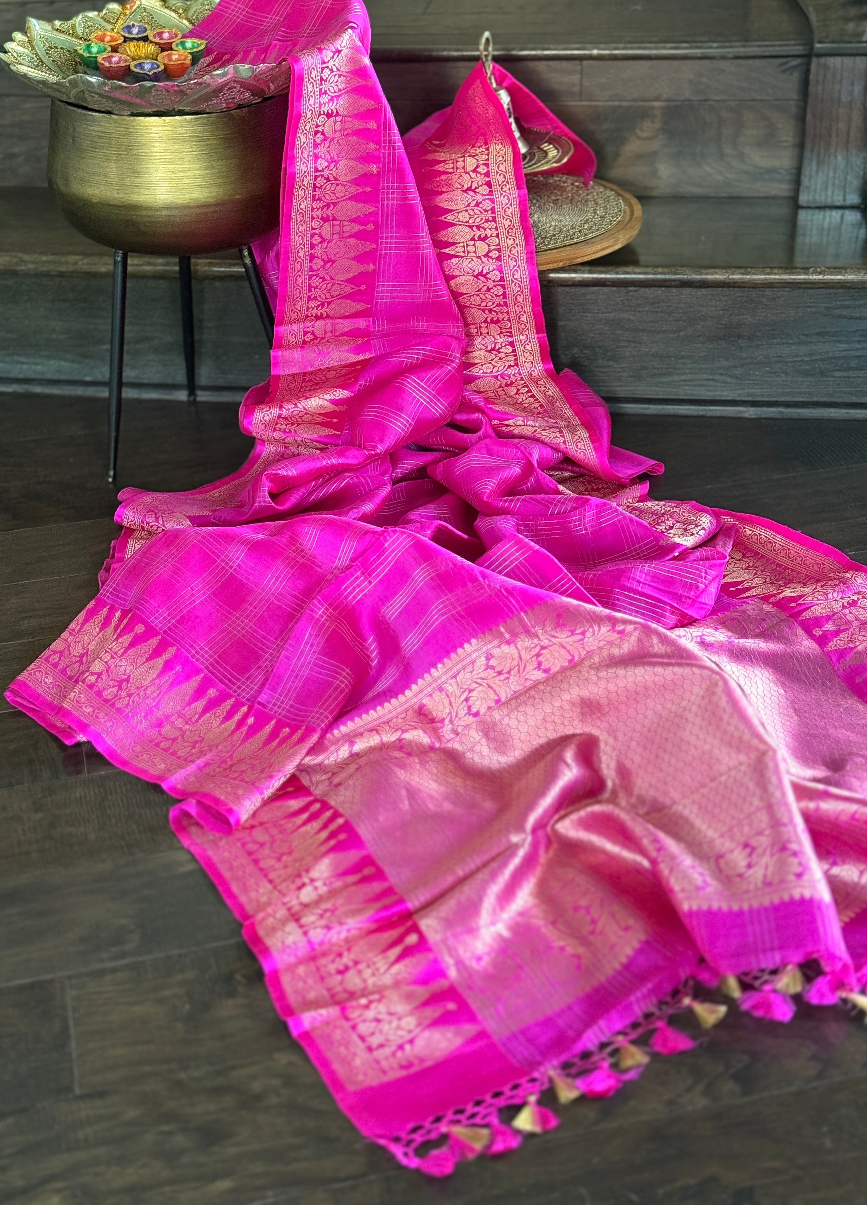 Pure Katan Silk Banarasi - Pink Checkered