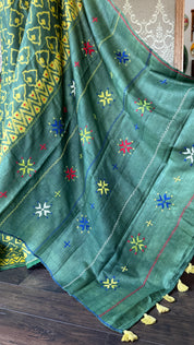 Pure Tussar Silk - Bottle Green Yellow Printed Lambani