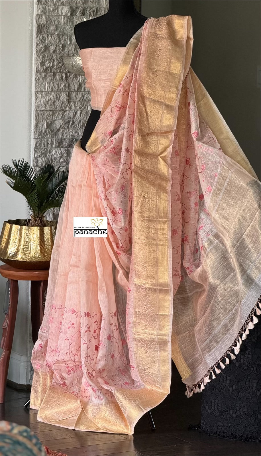 Embroidered Linen Silk - Light Peach Pink