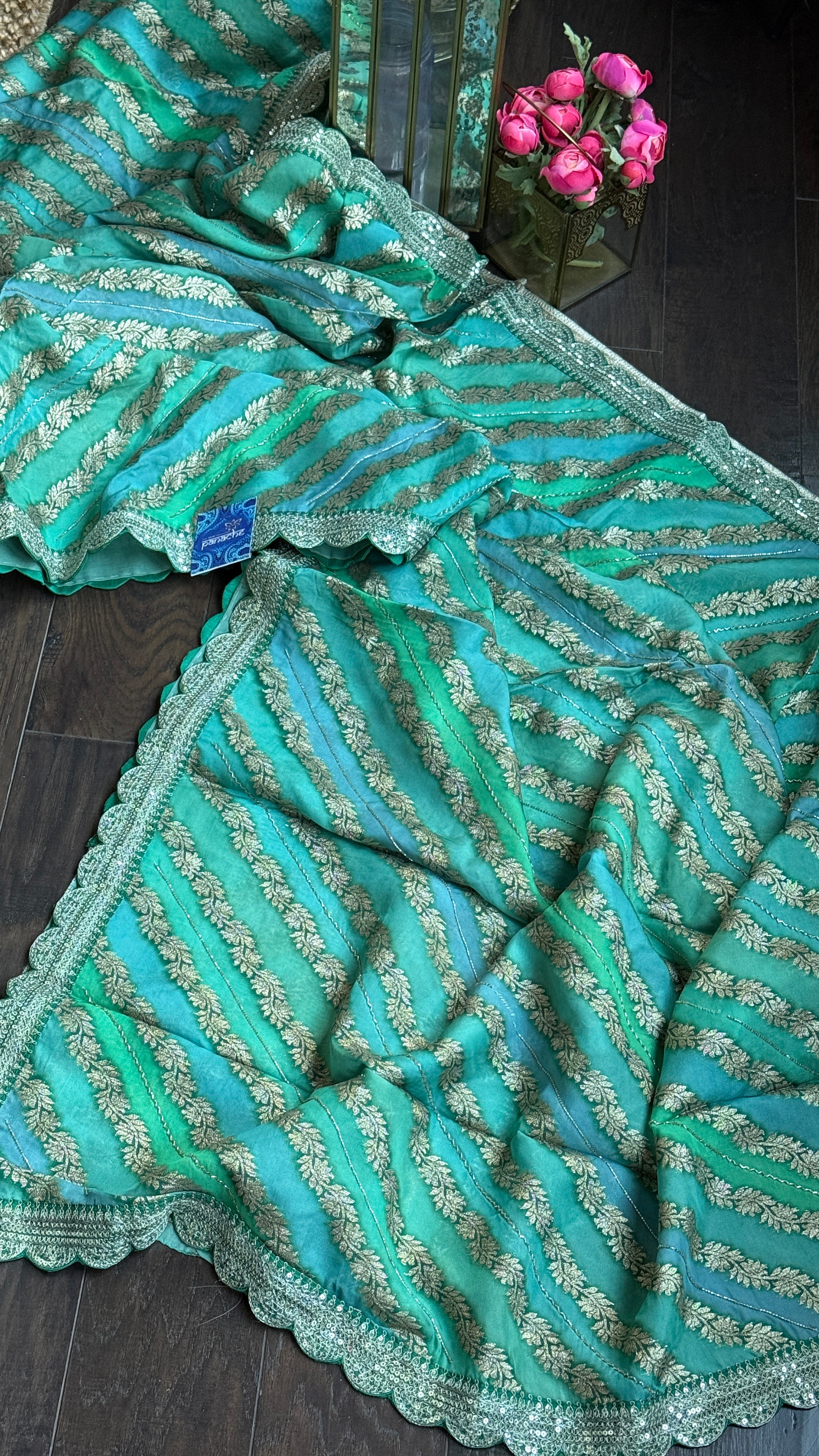 Designer Organza Georgette Leheriya - Sea green