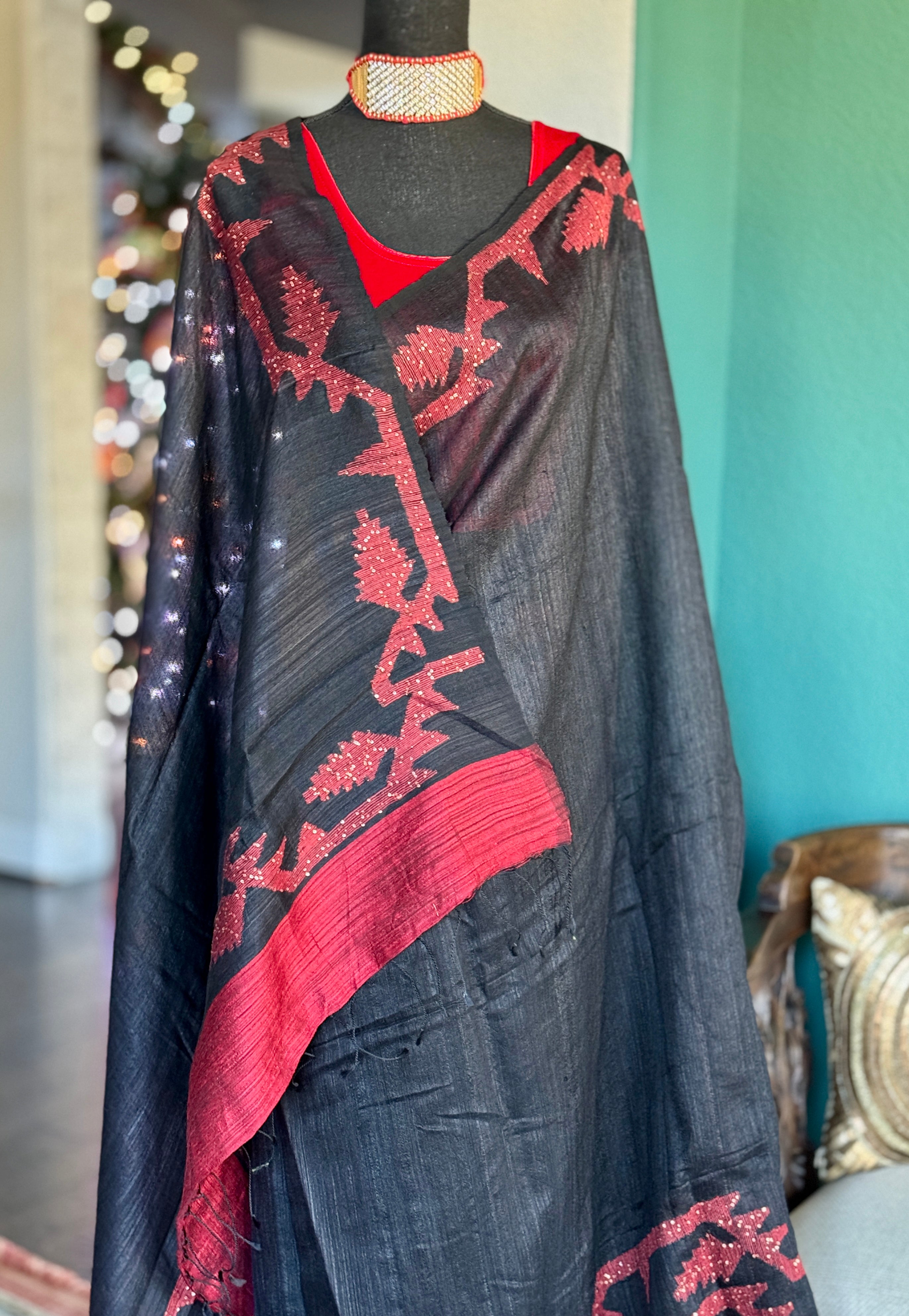 Designer Pure Matka Silk Jamdaani Sequin - Black Red