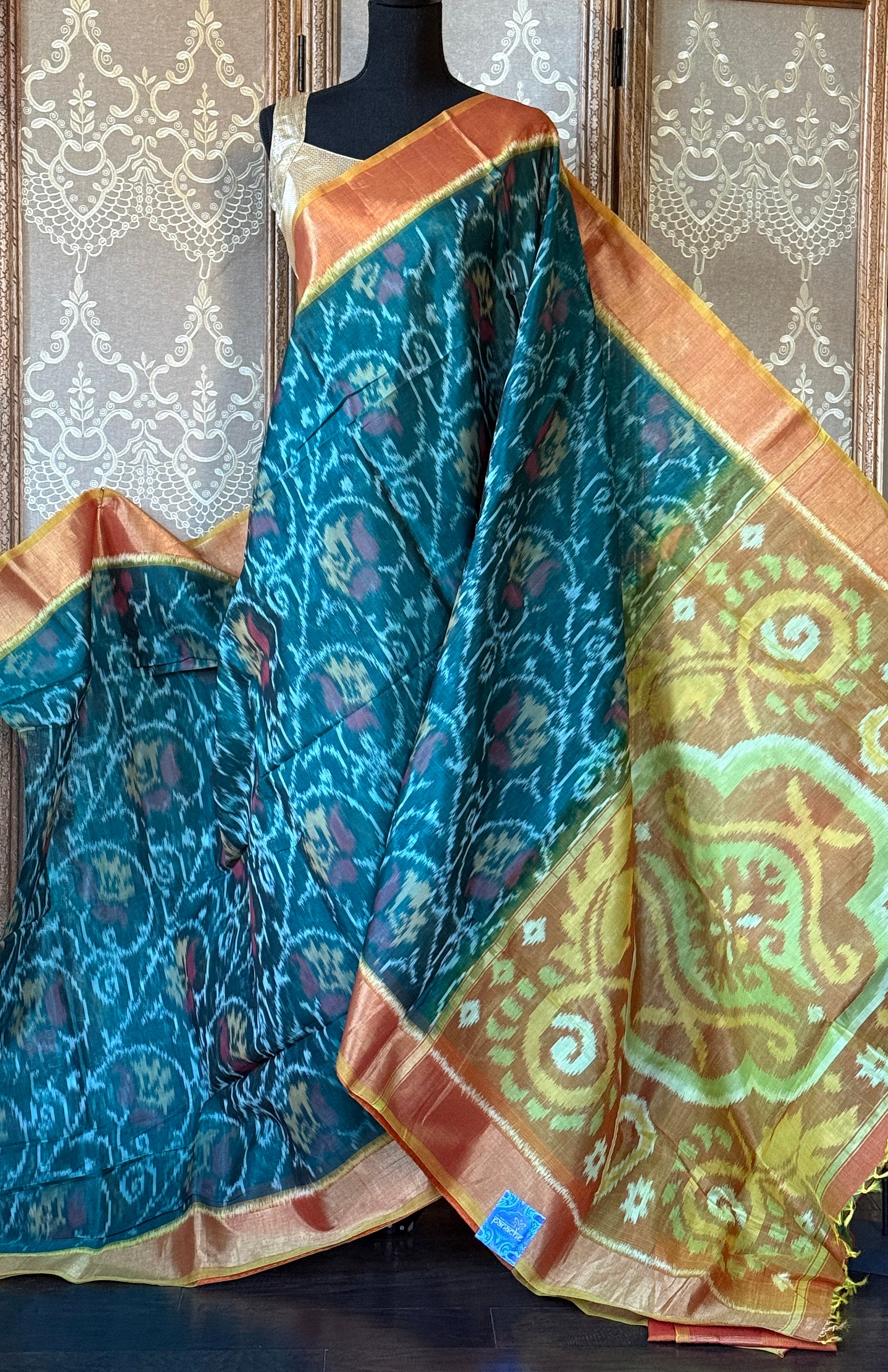 Pure Cotton Silk Ikat - Teal Green Orange