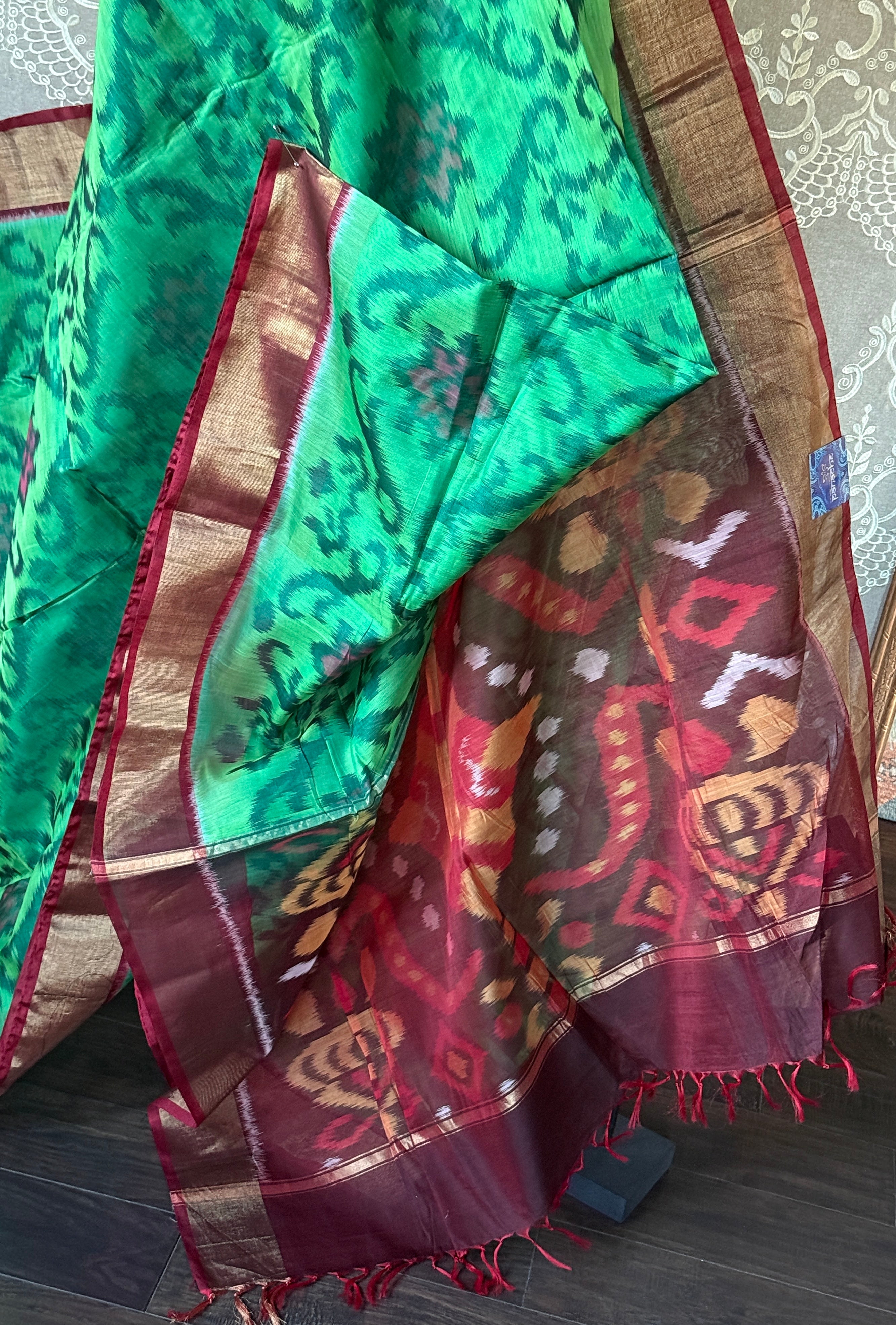 Pure Cotton Silk Ikat - Green Burgundy