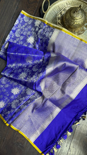 Pure Silk Katan Tissue Jaal Banarasi- Purple Blue Yellow