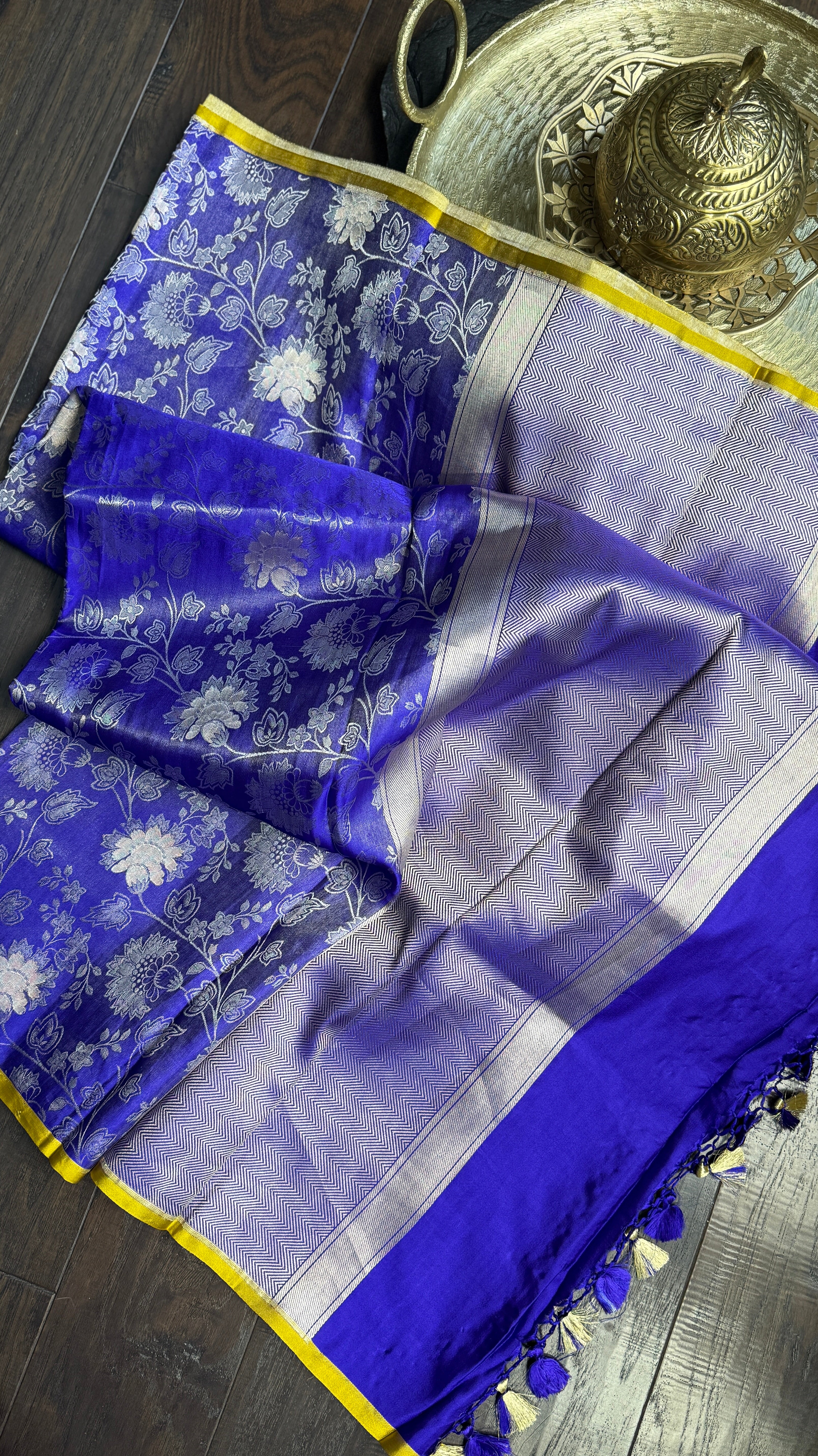 Pure Silk Katan Tissue Jaal Banarasi- Purple Blue Yellow